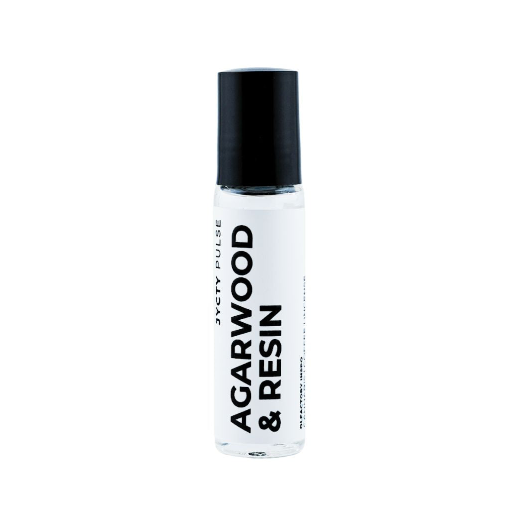 Roll-on bottle labeled 'Agarwood & Resin' by Byetly Pulse on a white background