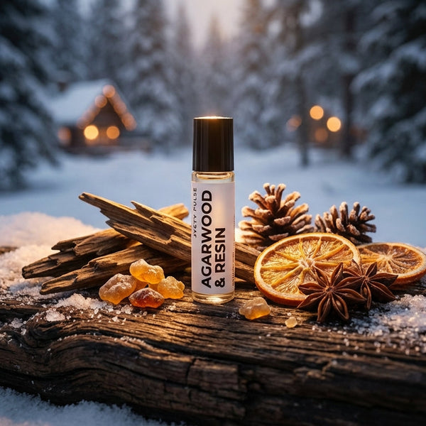 Roll-up bottle labeled 'Agarwood & Resin' on a snowy forest floor with pine cones and dried fruits.