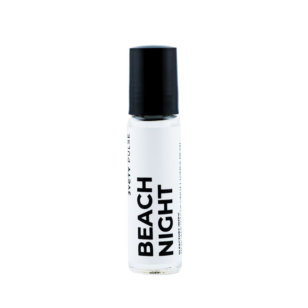 Perfume bottle labeled 'Beach Night' on a white background