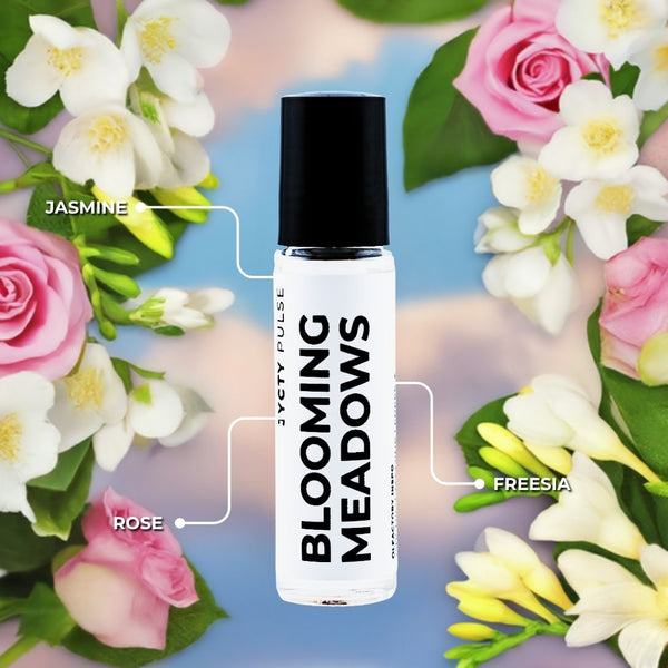 Roll-on bottle labeled 'Blooming Meadows' surrounded by flowers on a floral background