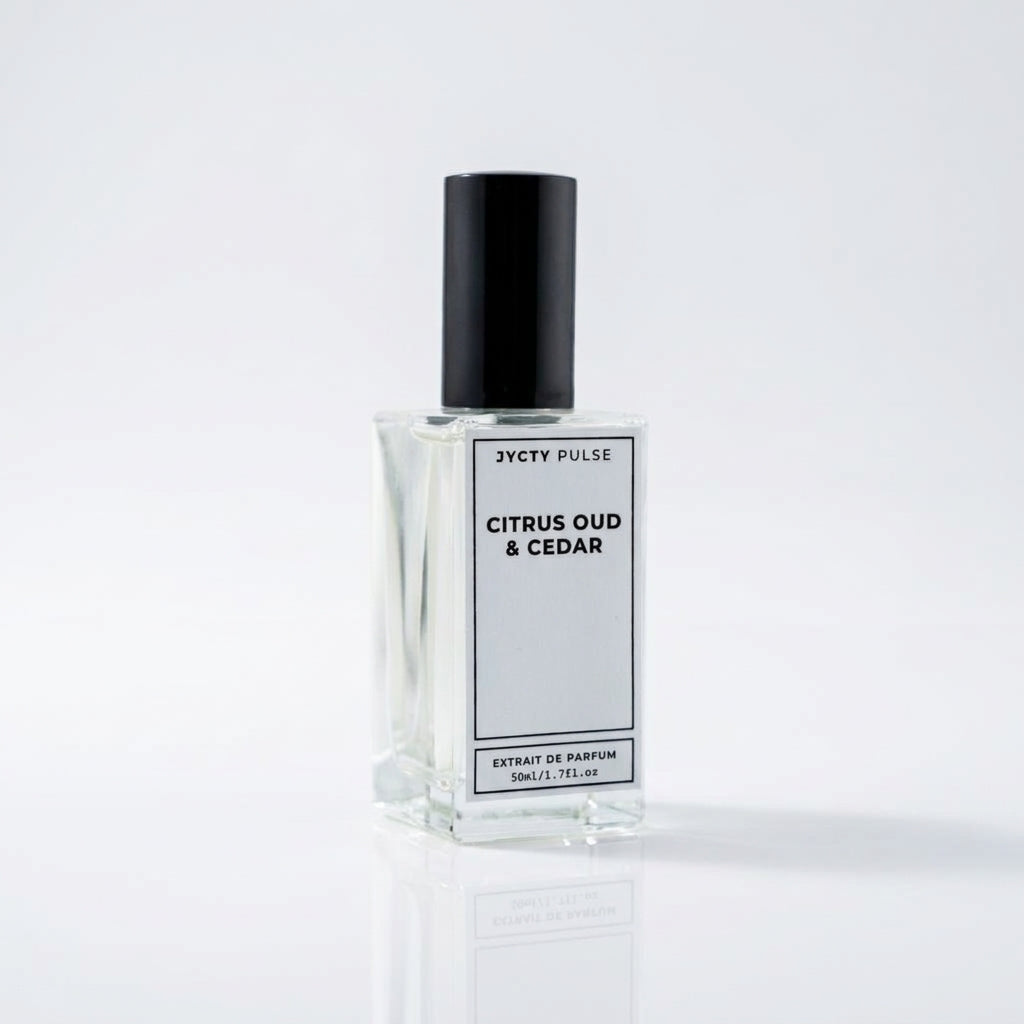50ml Perfume bottle labeled 'Citrus Oud & Cedar' by JYCTY Pulse on a white background