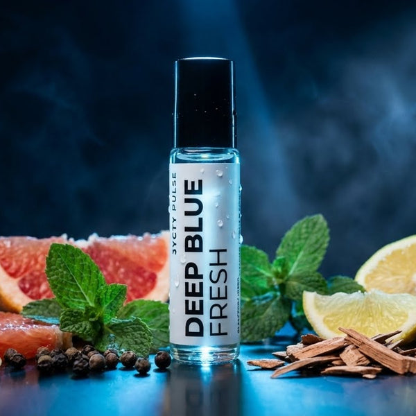 Bottle of 'Deep Blue Fresh' perfume oil by JYCTY with fruits and spices on a dark background
