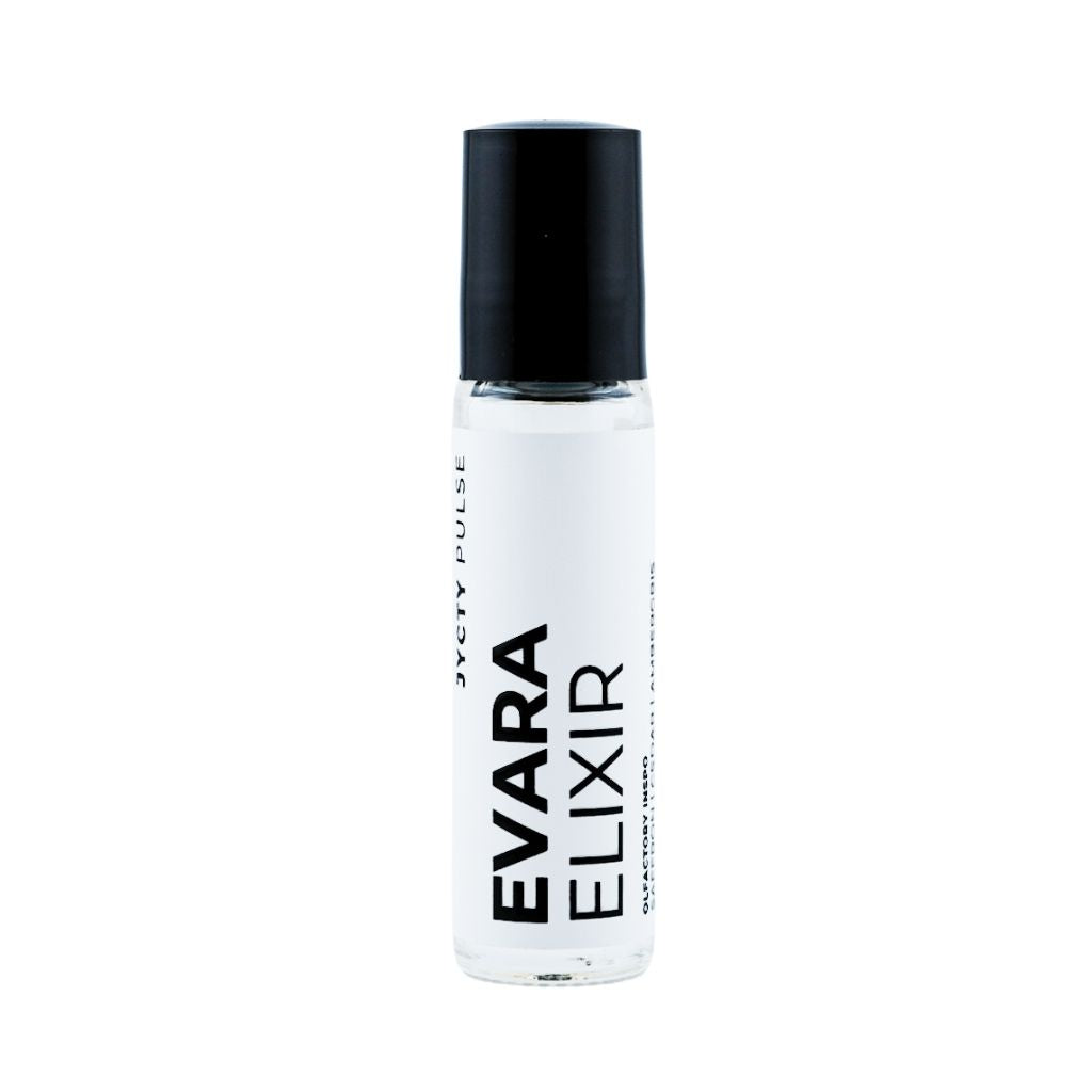 Clear bottle labeled 'Evara Elixir' with a black cap on a white background