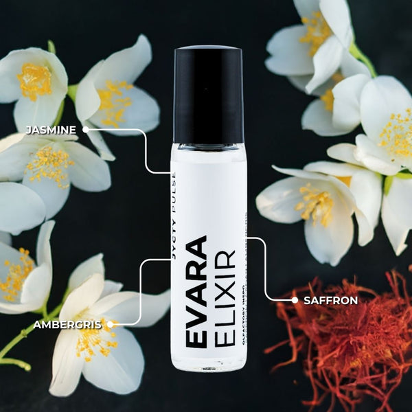 Evara Elixir bottle with jasmine, ambergris, and saffron elements on a dark background