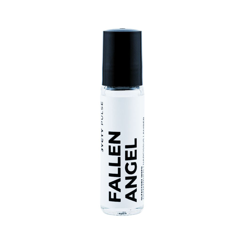 Clear bottle with black cap labeled 'Fallen Angel' on a white background