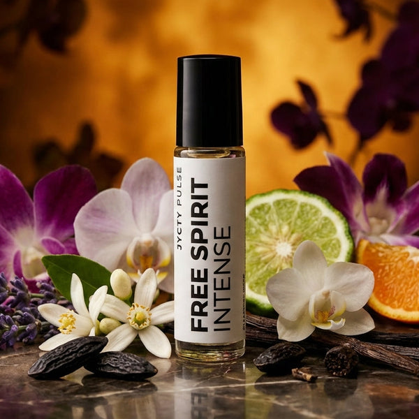 Free Spirit Intense perfume oil  rollerball with flowers, fruits, and herbs on a dark surface