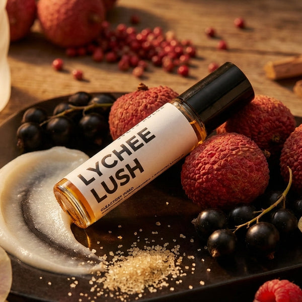 Roll-on bottle labeled 'Lychee Lush' surrounded by lychees and flowers on a wooden surface