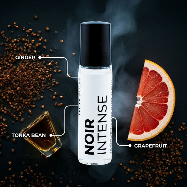 Bottle of Noir Intense with ingredients labeled on a dark background