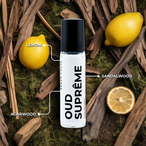 Oud Supreme bottle with labeled ingredients on a natural background
