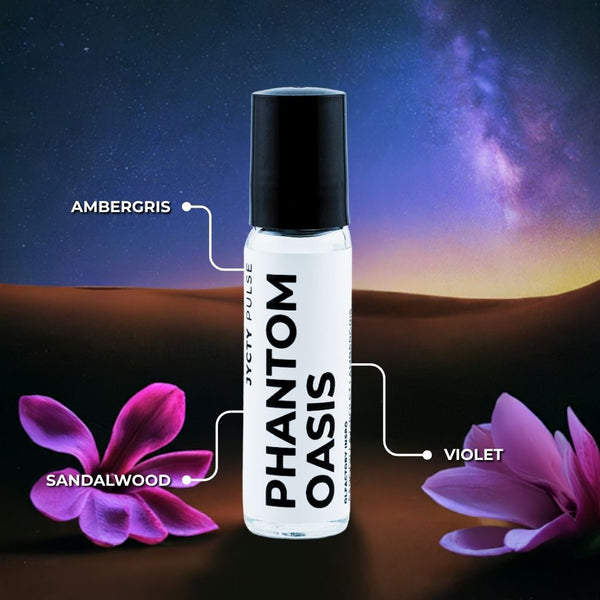 Bottle of Phantom Oasis with floral elements and desert landscape