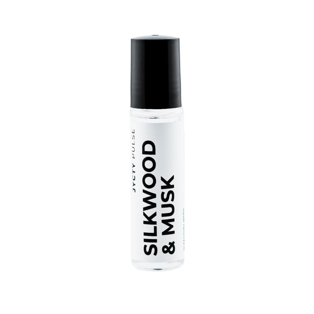 Close-up of Silkwood & Musk perfume oil on a white background
