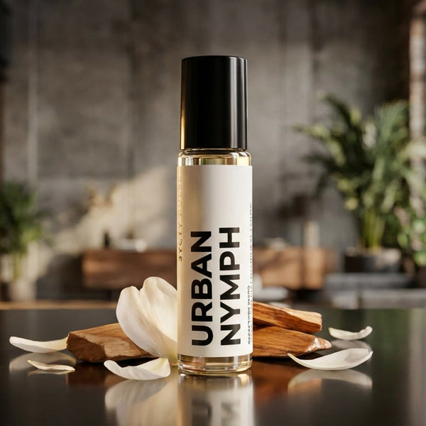 Roll-on perfume oil bottle of Urban Nymph product on a wooden surface with flowers in a blurred indoor setting