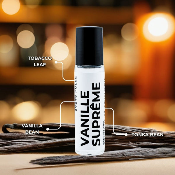 Vanille Supreme roll-on bottle with vanilla beans on a blurred background