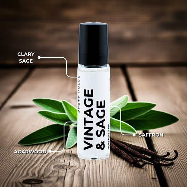 Perfume bottle labeled 'Vintage & Sage' with clary sage, saffron, and agarwood on a wooden background