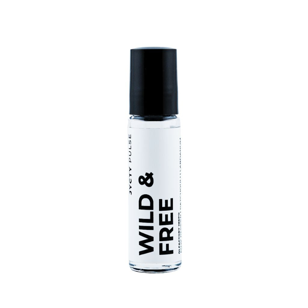 Roll-on bottle with black cap and white label displaying 'Wild & Free' on a white background