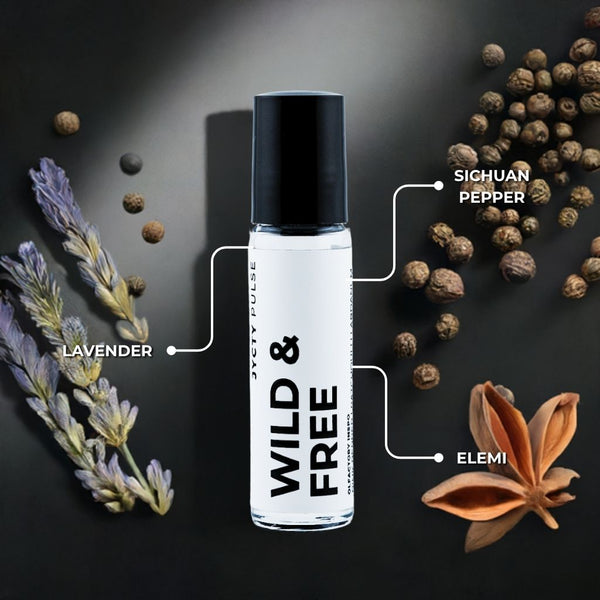 Roll-on bottle labeled 'Wild & Free' with lavender, Sichuan pepper, and elemi on a dark background