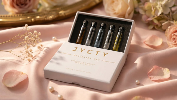 JYCTY perfume oil set with bottles in a box on a pink surface with flowers and petals. perfect gift for her. women ill love this set of vegan perfume